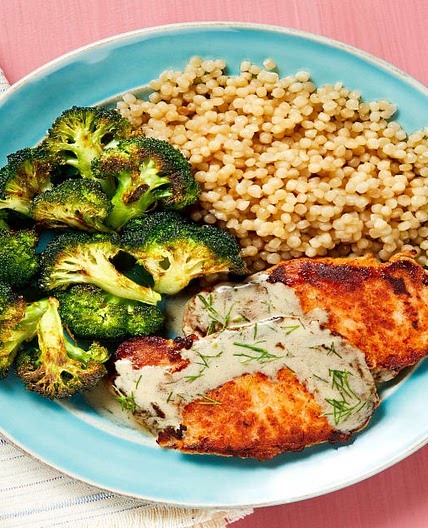 Creamy Dill Pork Cutlets with Couscous & Roasted Broccoli