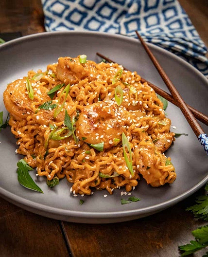 Creamy spicy ramen noodles with shrimp