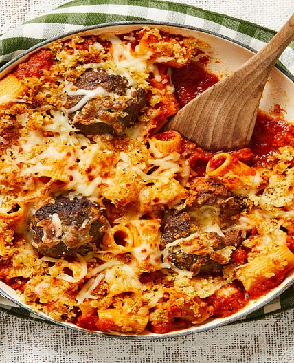 Stuffed-Meatball Rigatoni Bake with a Parmesan & Panko Crust