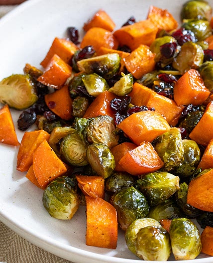 Roasted Sweet Potatoes, Brussels Sprouts and Cranberries