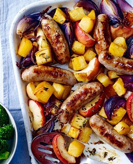 Sausage & maple swede traybake