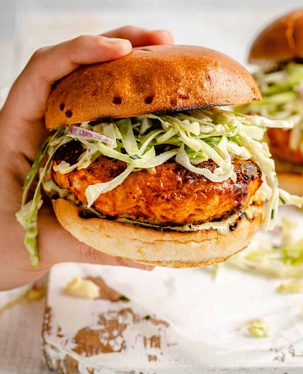 Buffalo Chicken Burgers with Gorgonzola Slaw