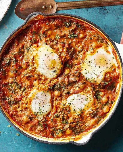 Eggs in Tomato Sauce with Chickpeas & Spinach