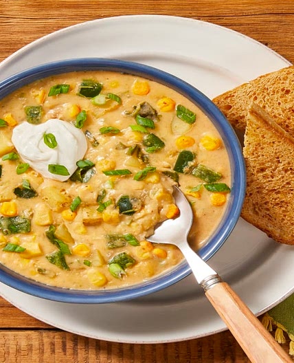 Sweet Corn & Poblano Chowder with Old Bay Toast