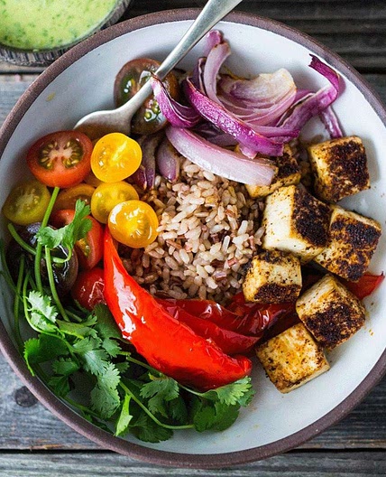 Tofu & Roasted Vegetable Grain Bowl with Pumpkin Seeds