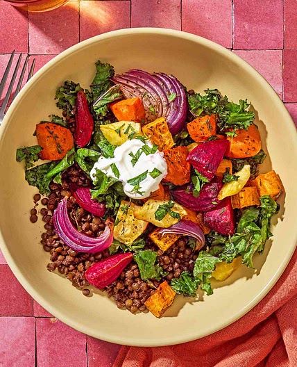 Roasted Root Veggies & Greens over Spiced Lentils