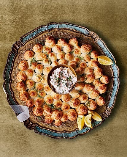 Cheesy choux wreath with hot smoked salmon and horseradish dip