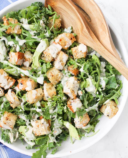 Vegan Avocado Kale Caesar with Everything Bagel Croutons