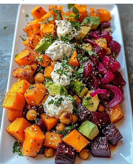 Golden Roasted Pumpkin & Beet Salad with Creamy Ricotta Clouds