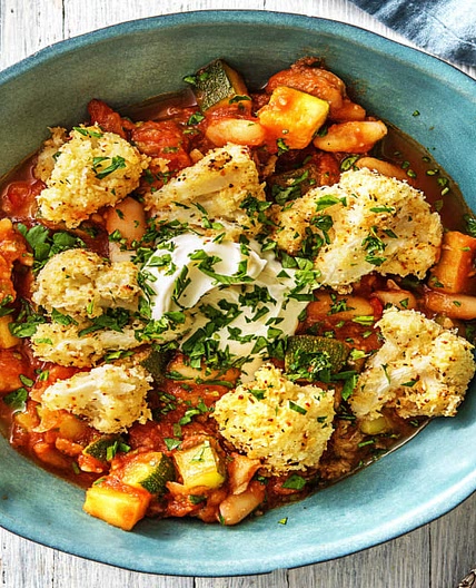 Crisp Cauliflower Nuggets with Spicy Bean Stew and Soured Cream