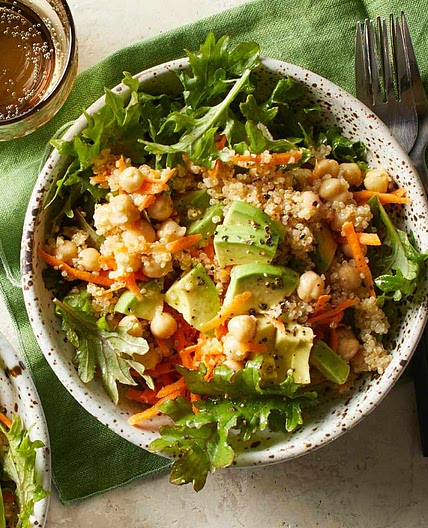 Quinoa, Avocado & Chickpea Salad over Mixed Greens