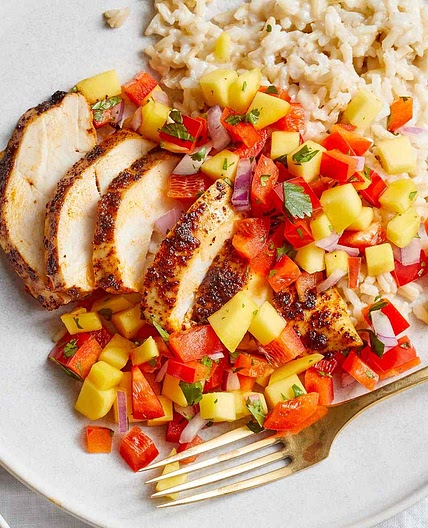 Chili-Rubbed Chicken with Coconut Rice & Mango Salsa
