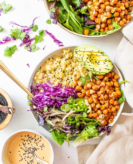 Roasted Chickpea Quinoa Bowls with Sesame Ginger Dressing
