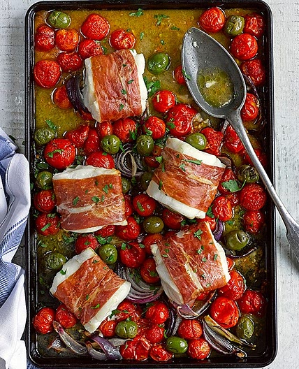 Cod, cherry tomato and green olive traybake