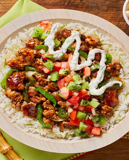 Teriyaki Pork Luau Bowls with Kiwi Salsa & Lime Crema