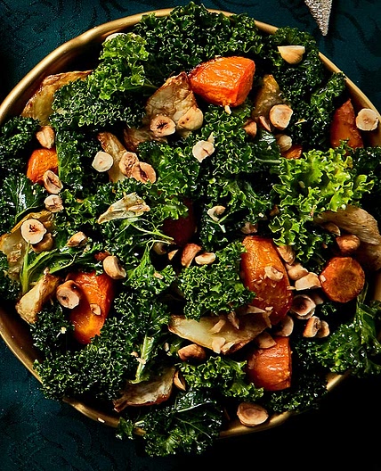 Roasted celeriac & carrots with kale & hazelnuts