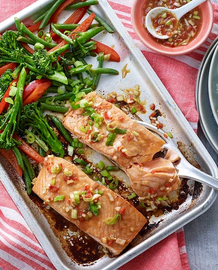 Salmon traybake with soy, chilli and lime
