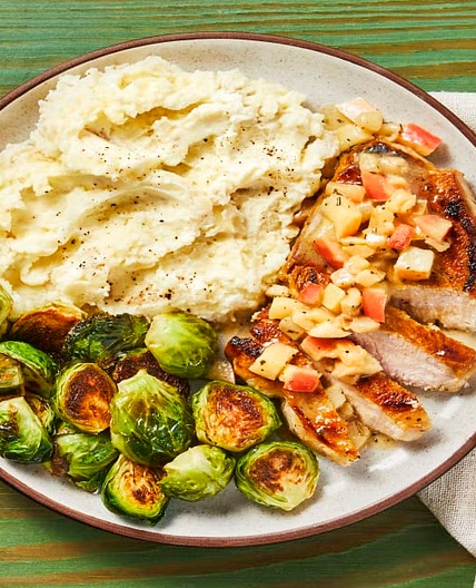 Pork Chops & Apple Rosemary Pan Sauce with Mashed Potatoes & Roasted Brussels Sprouts