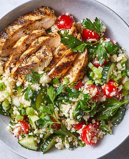 Spiced Grilled Chicken with Cauliflower "Rice" Tabbouleh