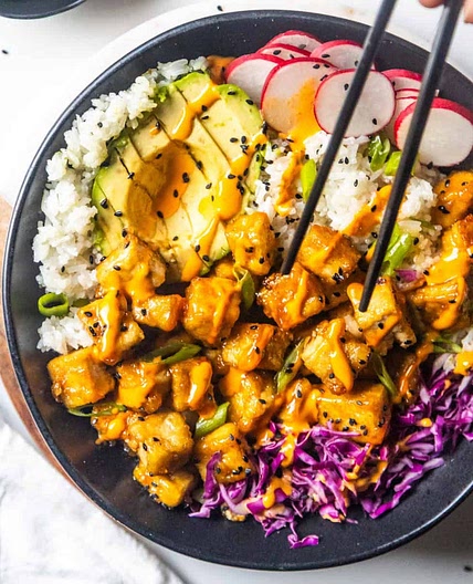 Sticky Maple Glazed Tofu Bowl (with Creamy Chipotle Sauce)
