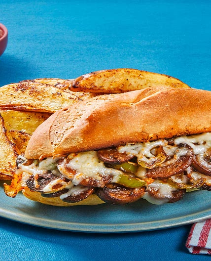 Mozzarella & Mushroom Hoagies with Dijon Mayo & Seasoned Potato Wedges