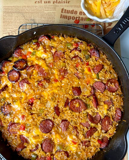 One-pan cheesy rice and sausage skillet