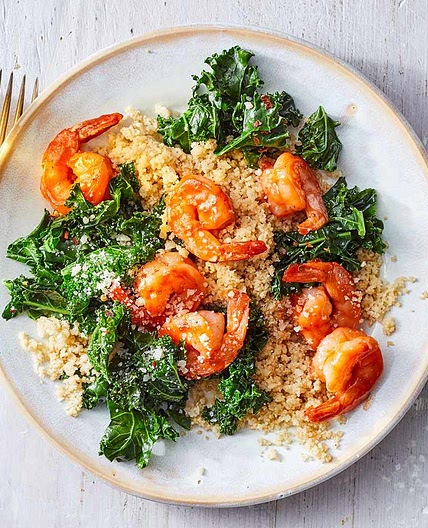 BBQ Shrimp with Garlicky Kale & Parmesan-Herb Couscous