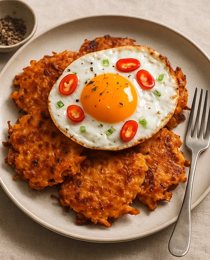 Crispy Cheese Smashed Sweet Potato Pancakes + Chilli Fried Egg