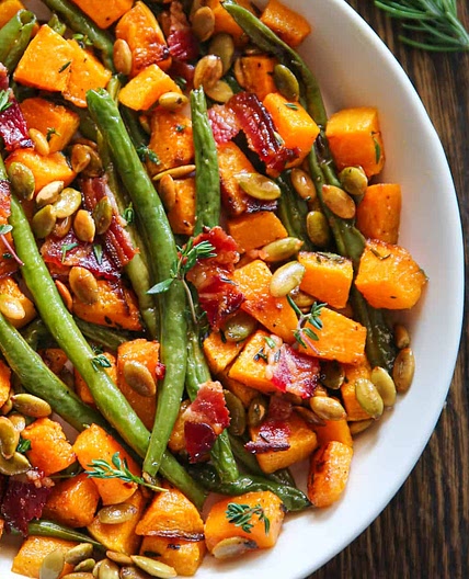 Thanksgiving Roasted Veggies (Green Beans and Butternut Squash) with Bacon and Pumpkin Seeds