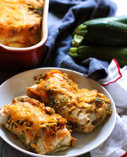 Smothered Salsa Verde Burritos with Chipotle Zucchini and Pinto Beans