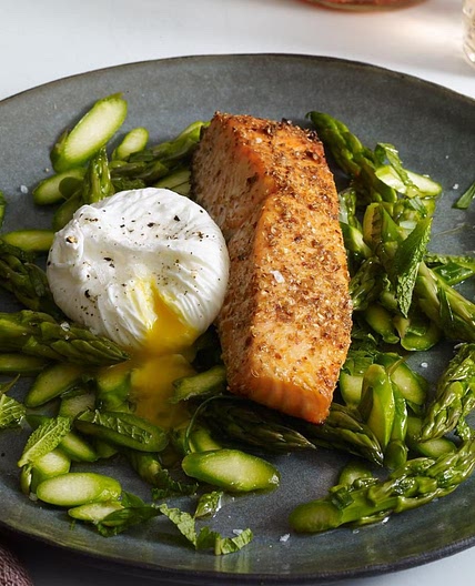 Coriander-&-Lemon-Crusted Salmon with Asparagus Salad & Poached Egg