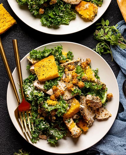 Chicken Caesar Salad with Cornbread Croutons