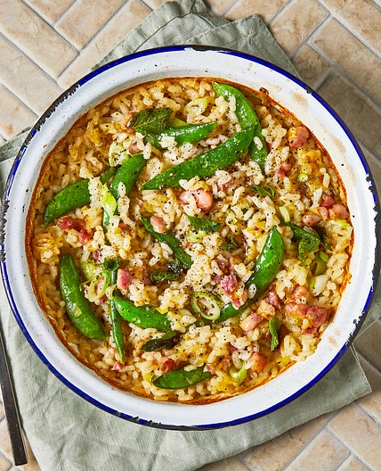 Baked Sugar Snap & Bacon Risotto