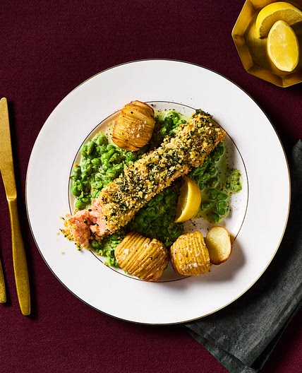 Herb-Crusted Salmon With Hasselback Potatoes