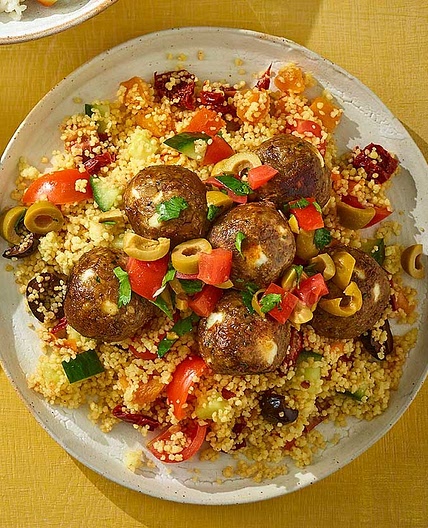 Lentil, ras-el hanout & date ‘meatballs’ with olive salsa