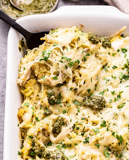 Cheesy Pesto Chicken Spaghetti Squash