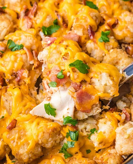 Crock Pot Cheesy Chicken, Bacon, & Tater Tot Bake