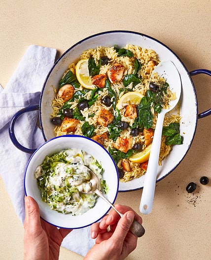 10-Min Greek Chicken Rice With Tzatziki