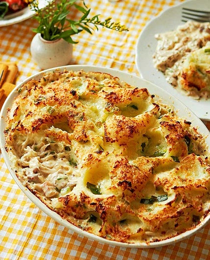 Poached chicken & pancetta pie with spring onion colcannon