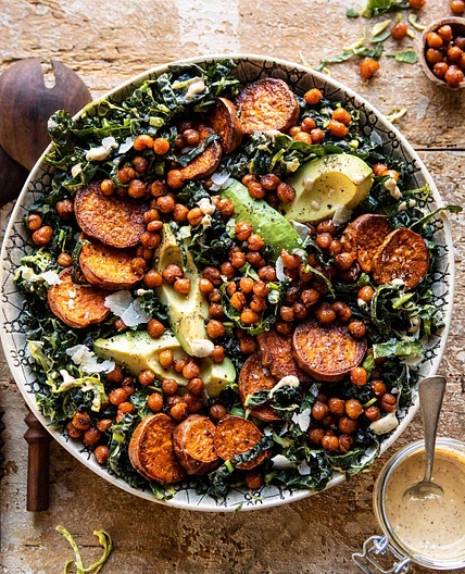 Kale Caesar Salad with Sweet Potatoes and Crispy Chickpeas