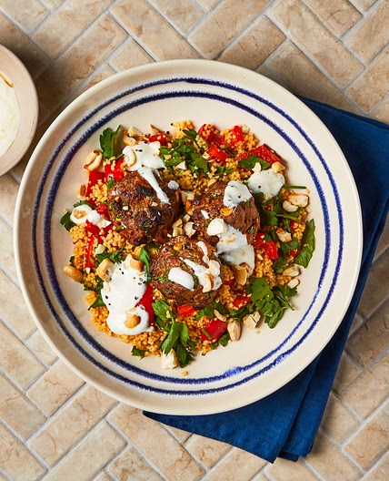 Harissa Beef Meatballs With Roasted Pepper Couscous
