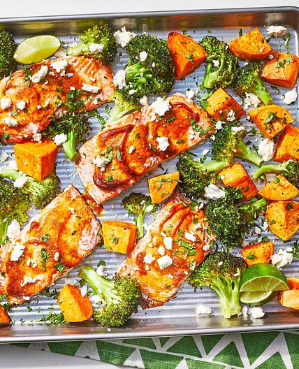 Sheet-Pan Salmon with Sweet Potatoes & Broccoli