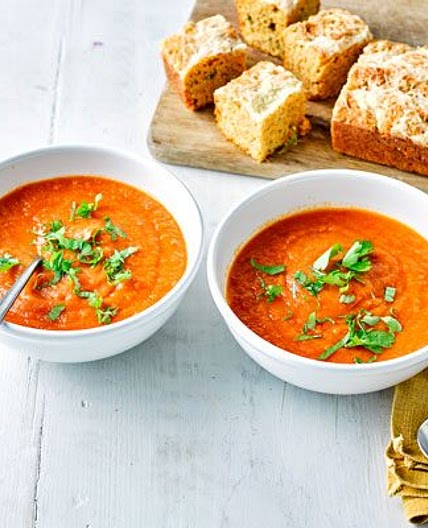 Fresh tomato soup with cheesy cornbread