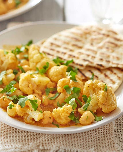 Satay cauliflower & chickpea curry with storecupboard flatbreads