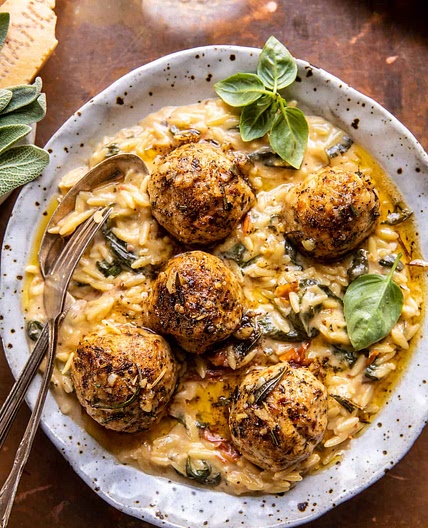Crockpot Garlic Butter Chicken Meatballs with Creamy Orzo