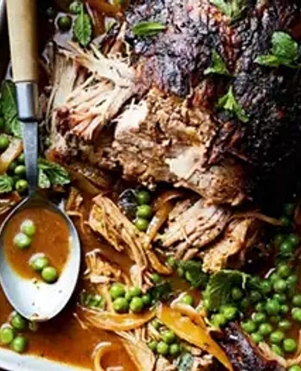Slow-cooked pork shoulder with peas & mint