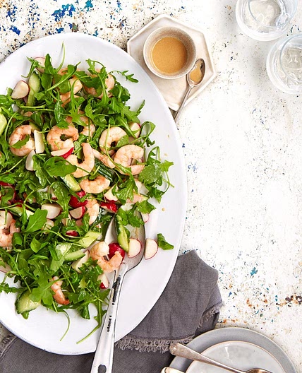 Prawn, cucumber and avocado salad with miso dressing