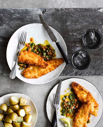 Breaded plaice with sauce vierge