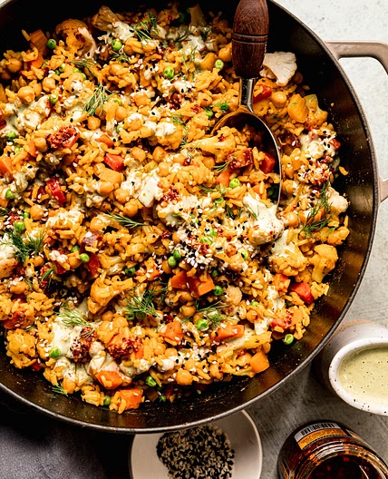 One-Pot Rice and Veggies with Chickpeas & Dilly Tahini