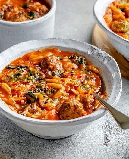 Creamy Tomato Orzo Soup with Mini Turkey Meatballs
